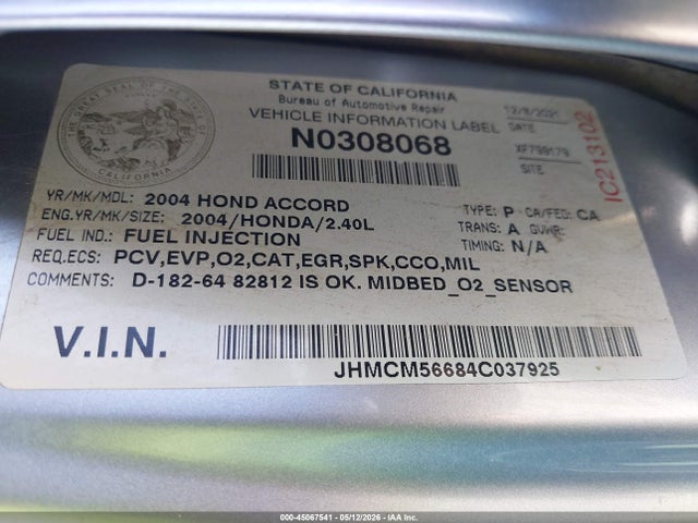 45067541 :رقم المزاد ، JHMCM56684C037925 vin ، 2004 Honda Accord 2.4 Ex مزاد بيع