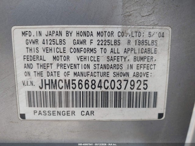 45067541 :رقم المزاد ، JHMCM56684C037925 vin ، 2004 Honda Accord 2.4 Ex مزاد بيع