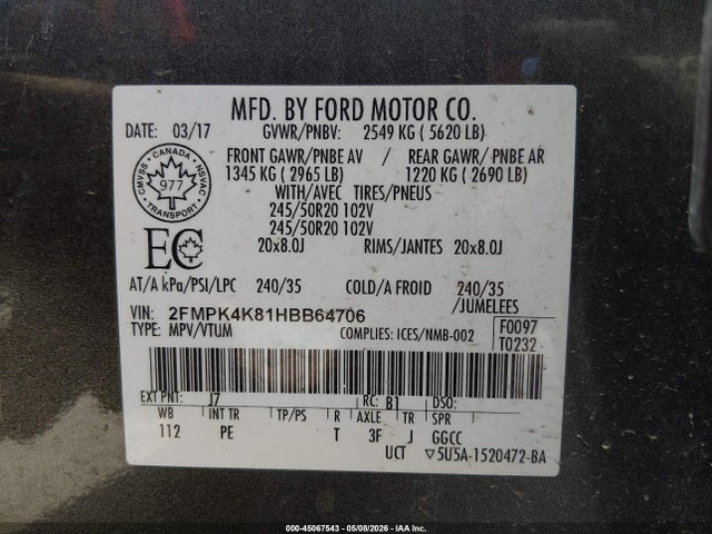 Aukcja sprzedaży 2017 Ford Edge Titanium, vin: 2FMPK4K81HBB64706, numer aukcji: 45067543