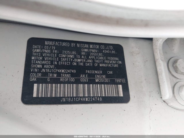 45067545 :رقم المزاد ، JN1BJ1CP4KW224749 vin ، 2019 Nissan Rogue Sport S مزاد بيع