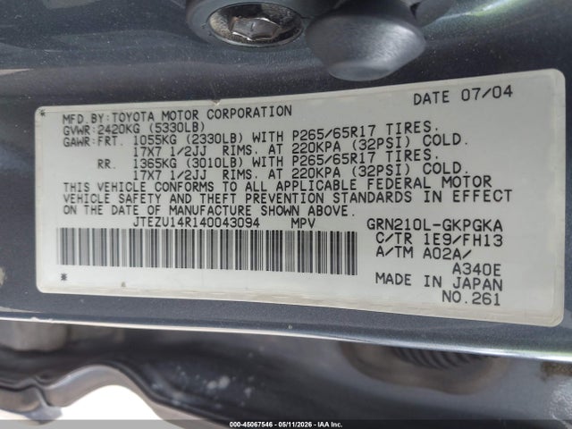 45067546 :رقم المزاد ، JTEZU14R140043094 vin ، 2004 Toyota 4runner Sr5 Sport V6 مزاد بيع
