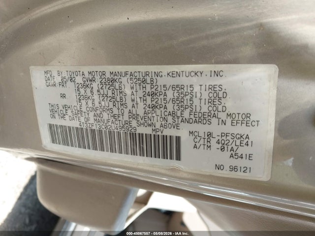 Aukcja sprzedaży 2002 Toyota Sienna Xle, vin: 4T3ZF13C02U495929, numer aukcji: 45067557