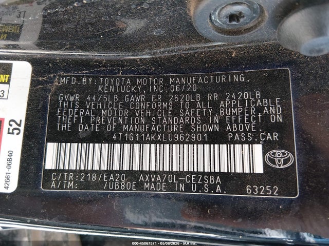 Toyota CAMRY SE 2020 4T1G11AKXLU962901 Image 9