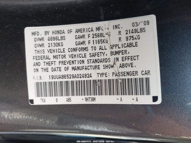 2009 Acura Tl 3.5 მანქანა იყიდება აუქციონზე, vin: 19UUA86529A024924, აუქციონის ნომერი: 45067572