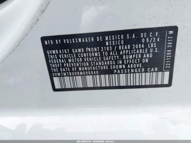 Auction sale of the 2024 Volkswagen Jetta 1.5t Se, vin: 3VW7M7BU0RM098840, lot number: 45067578