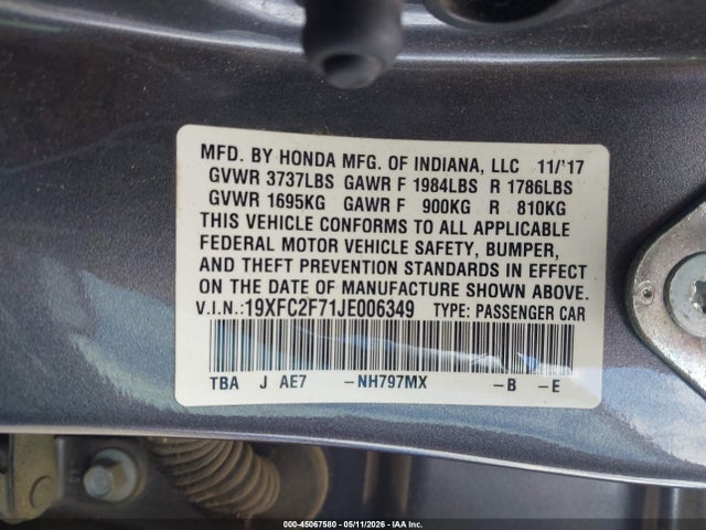 Aukcja sprzedaży 2018 Honda Civic Ex, vin: 19XFC2F71JE006349, numer aukcji: 45067580