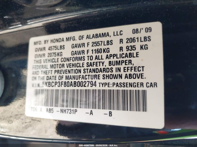 2010 Honda Accord 3.5 Ex-l მანქანა იყიდება აუქციონზე, vin: 5KBCP3F80AB002794, აუქციონის ნომერი: 45067596