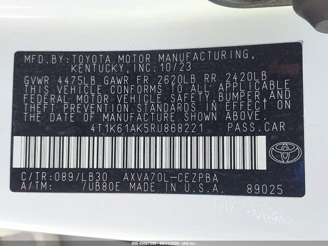 2024 Toyota Camry Xse მანქანა იყიდება აუქციონზე, vin: 4T1K61AK5RU868221, აუქციონის ნომერი: 45067599