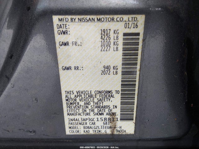 45067603 :رقم المزاد ، 1N4AL3AP3GC158811 vin ، 2016 Nissan Altima 2.5 S مزاد بيع