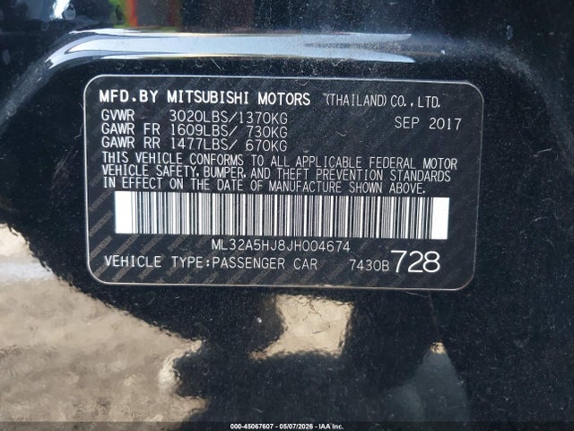 Aukcja sprzedaży 2018 Mitsubishi Mirage Gt, vin: ML32A5HJ8JH004674, numer aukcji: 45067607