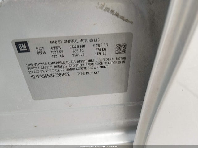 45067610 :رقم المزاد ، 1G1PA5SHXF7281552 vin ، 2015 Chevrolet Cruze Ls Auto مزاد بيع