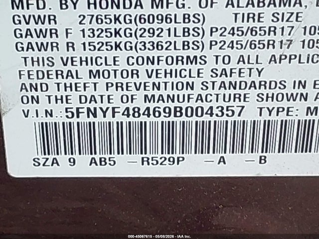 45067615 :رقم المزاد ، 5FNYF48469B004357 vin ، 2009 Honda Pilot Ex مزاد بيع