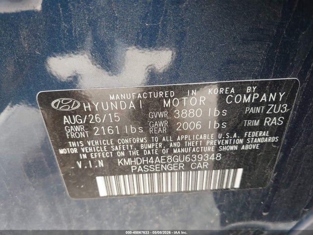Aukcja sprzedaży 2016 Hyundai Elantra Se, vin: KMHDH4AE8GU639348, numer aukcji: 45067633