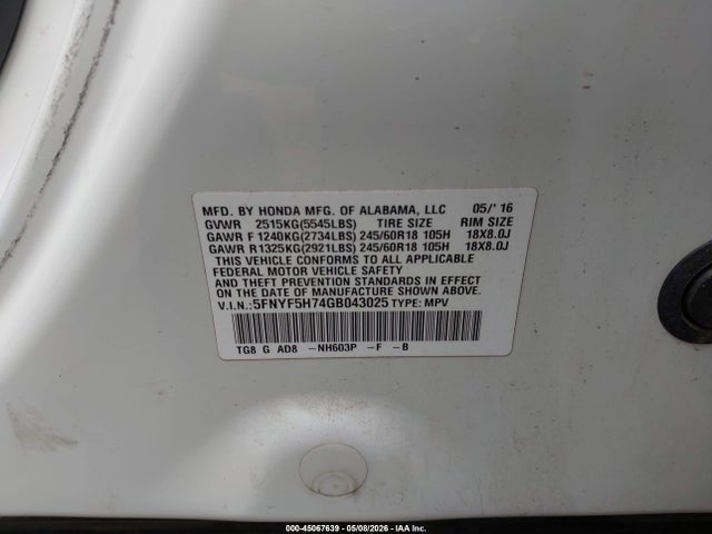 5FNYF5H74GB043025 Honda Pilot Ex-l