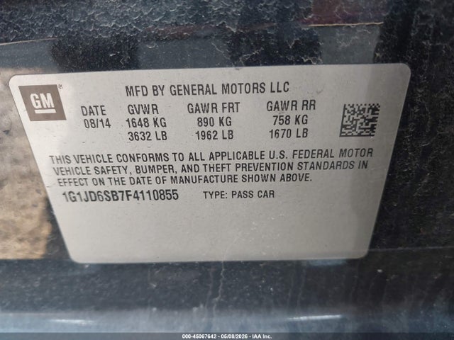 45067642 :رقم المزاد ، 1G1JD6SB7F4110855 vin ، 2015 Chevrolet Sonic Lt Manual مزاد بيع