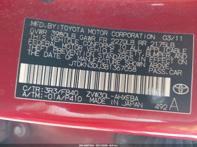 2011 Toyota Prius Two მანქანა იყიდება აუქციონზე, vin: JTDKN3DU3B1367058, აუქციონის ნომერი: 45067643