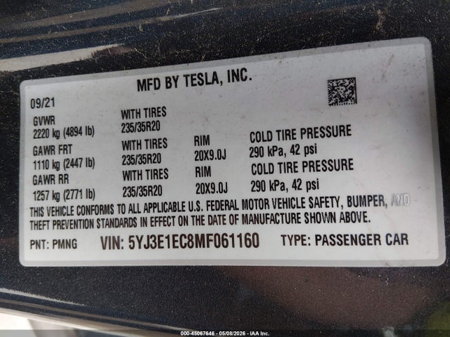 Aukcja sprzedaży 2021 Tesla Model 3 Performance Dual Motor All-wheel Drive, vin: 5YJ3E1EC8MF061160, numer aukcji: 45067646