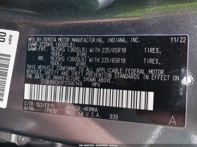 45067652 :رقم المزاد ، 5TDKBRCH1PS566149 vin ، 2023 Toyota Highlander Hybrid Xle مزاد بيع