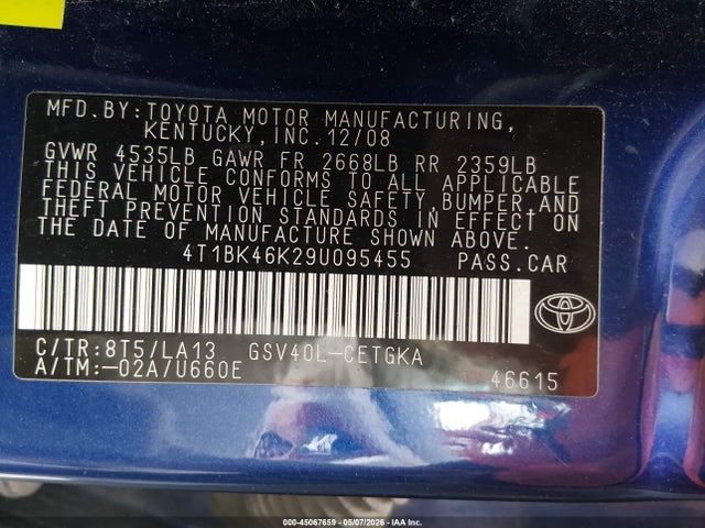 45067659 :رقم المزاد ، 4T1BK46K29U095455 vin ، 2009 Toyota Camry Xle V6 مزاد بيع