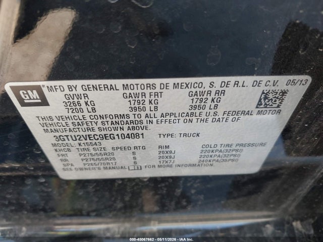 2014 Gmc Sierra 1500 Slt მანქანა იყიდება აუქციონზე, vin: 3GTU2VEC9EG104081, აუქციონის ნომერი: 45067662