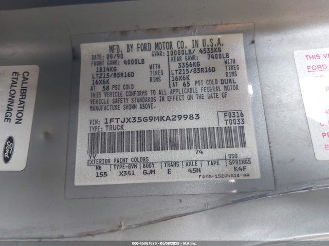 45067679 :رقم المزاد ، 1FTJX35G9MKA29983 vin ، 1991 Ford F350 مزاد بيع