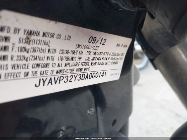 Aukcja sprzedaży 2013 Yamaha Xvs1300 Ctc/cfd, vin: JYAVP32Y3DA000141, numer aukcji: 45067682