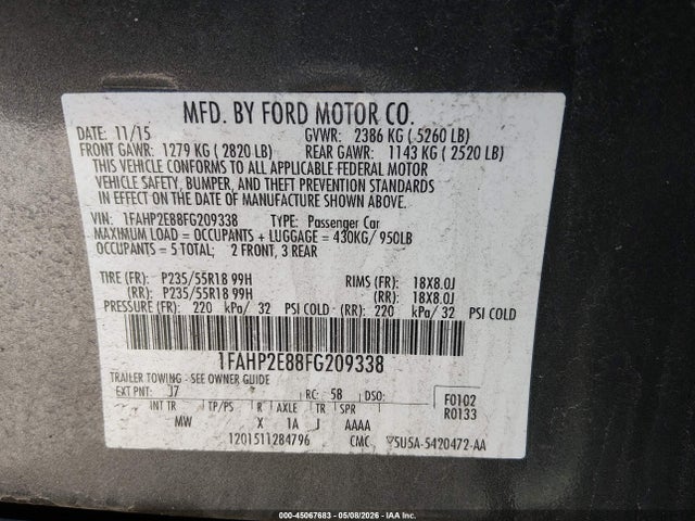 2015 Ford Taurus Sel მანქანა იყიდება აუქციონზე, vin: 1FAHP2E88FG209338, აუქციონის ნომერი: 45067683
