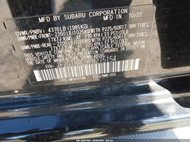 2023 Subaru Crosstrek Sport მანქანა იყიდება აუქციონზე, vin: JF2GTHRC9PH275154, აუქციონის ნომერი: 45067685