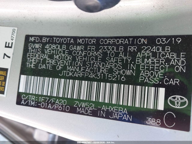 2019 Toyota Prius Prime Plus მანქანა იყიდება აუქციონზე, vin: JTDKARFP4K3115216, აუქციონის ნომერი: 45067687