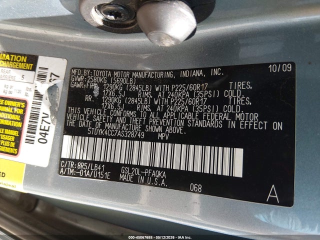 45067688 :رقم المزاد ، 5TDYK4CC7AS328749 vin ، 2010 Toyota Sienna Xle مزاد بيع