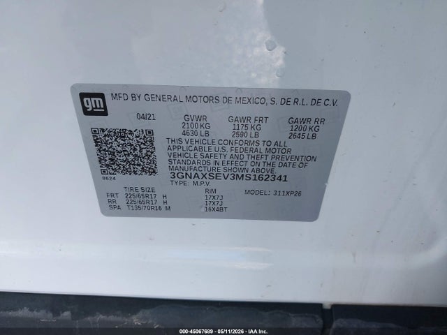 Продаж на аукціоні авто 2021 Chevrolet Equinox Awd Ls, vin: 3GNAXSEV3MS162341, номер лоту: 45067689