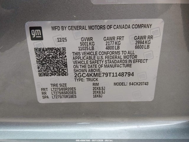 45067690 :رقم المزاد ، 2GC4KME79T1148794 vin ، 2026 Chevrolet Silverado 2500hd , Standard Bed, Wt, 4wd مزاد بيع