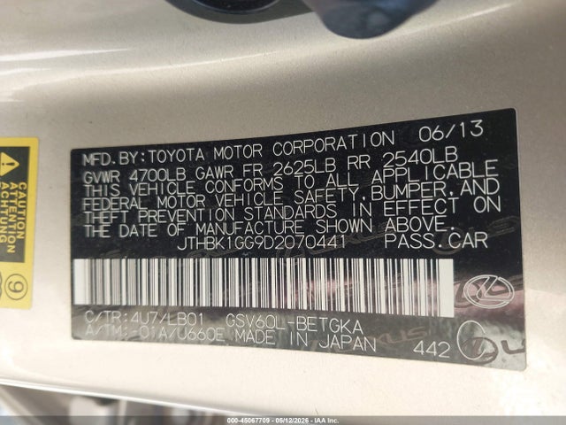 Продаж на аукціоні авто 2013 Lexus Es 350, vin: JTHBK1GG9D2070441, номер лоту: 45067709