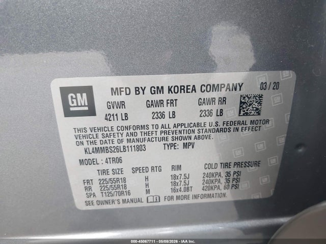 45067711 :رقم المزاد ، KL4MMBS26LB111803 vin ، 2020 Buick Encore Gx Fwd Preferred مزاد بيع