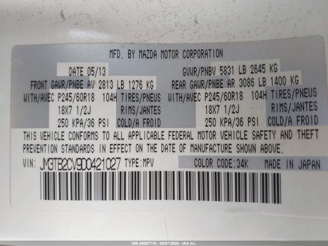 Aukcja sprzedaży 2013 Mazda Cx-9 Touring, vin: JM3TB2CV9D0421027, numer aukcji: 45067718