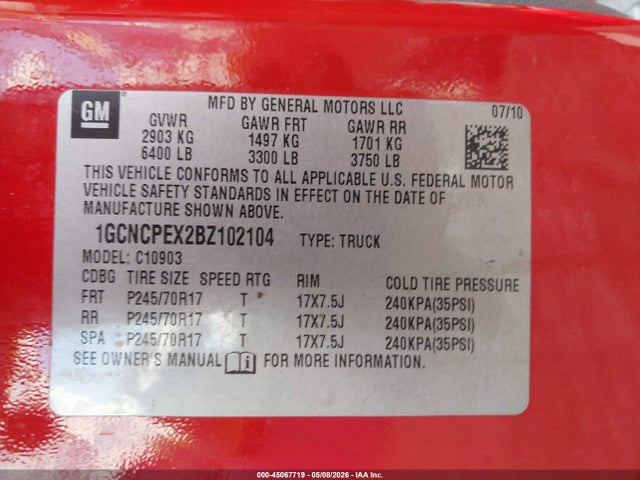 45067719 :رقم المزاد ، 1GCNCPEX2BZ102104 vin ، 2011 Chevrolet Silverado 1500 Work Truck مزاد بيع