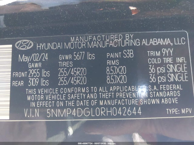 Aukcja sprzedaży 2024 Hyundai Santa Fe Limited, vin: 5NMP4DGL0RH042644, numer aukcji: 45067724