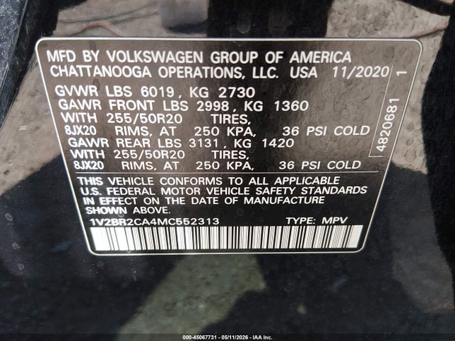 2021 Volkswagen Atlas 3.6l V6 Sel მანქანა იყიდება აუქციონზე, vin: 1V2BR2CA4MC552313, აუქციონის ნომერი: 45067731