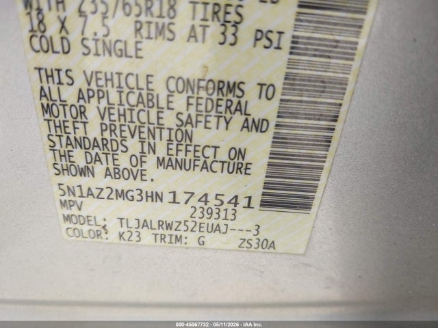 5N1AZ2MG3HN174541 Nissan MURANO SL
