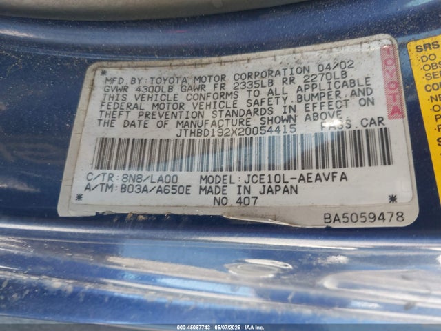 Auction sale of the 2002 Lexus Is 300, vin: JTHBD192X20054415, lot number: 45067743