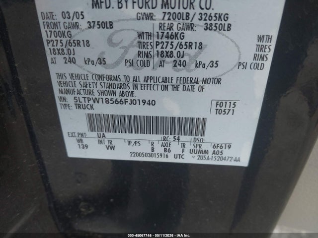 2006 Lincoln Mark Lt მანქანა იყიდება აუქციონზე, vin: 5LTPW18566FJ01940, აუქციონის ნომერი: 45067746