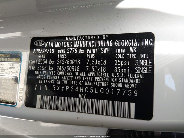 2020 Kia Telluride Lx მანქანა იყიდება აუქციონზე, vin: 5XYP24HC5LG017759, აუქციონის ნომერი: 45067748
