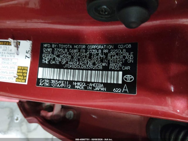 Aukcja sprzedaży 2008 Toyota Prius, vin: JTDKB20U283392538, numer aukcji: 45067751
