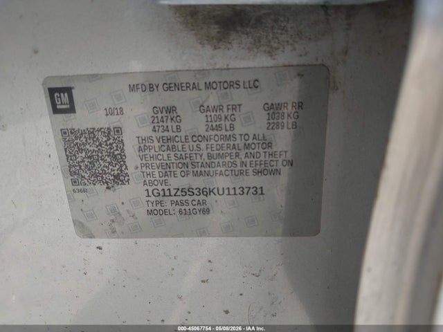 Продажа на аукционе авто 2019 Chevrolet Impala Lt, vin: 1G11Z5S36KU113731, номер лота: 45067754