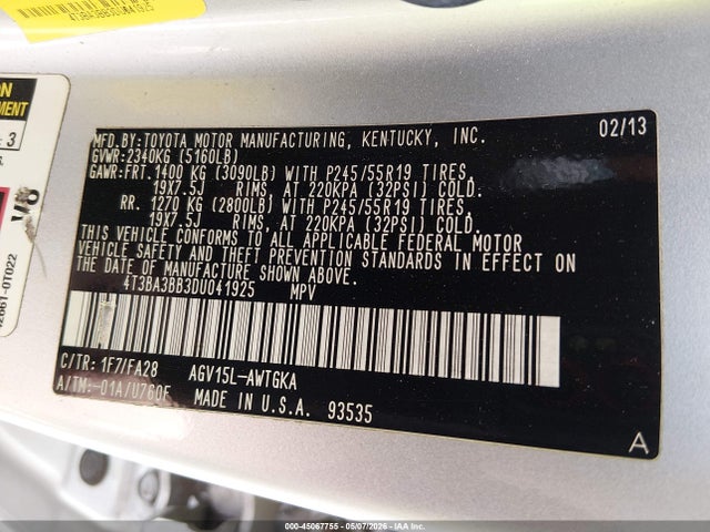 2013 Toyota Venza Le მანქანა იყიდება აუქციონზე, vin: 4T3BA3BB3DU041925, აუქციონის ნომერი: 45067755