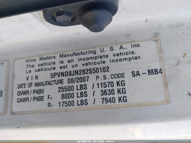 45067761 :رقم المزاد ، 5PVND8JN282S50102 vin ، 2008 Hino 258 مزاد بيع