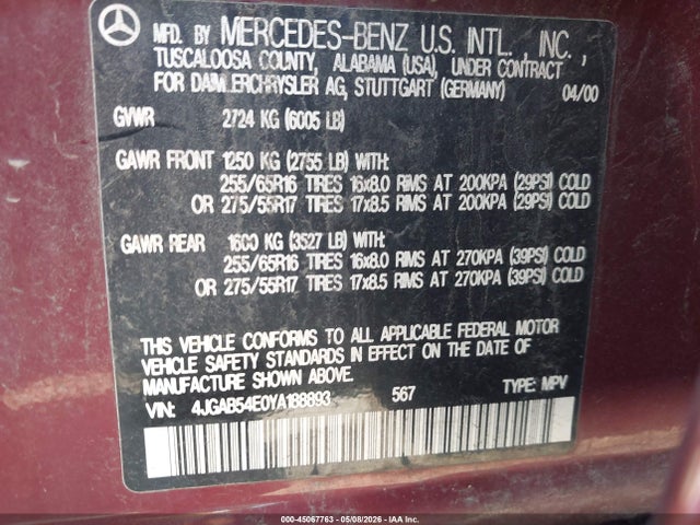 Aukcja sprzedaży 2000 Mercedes-benz Ml 320, vin: 4JGAB54E0YA188893, numer aukcji: 45067763