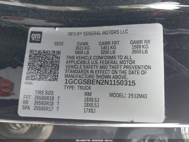 1GCGSBEN2N1150315 Chevrolet Colorado 2wd Short Box Wt