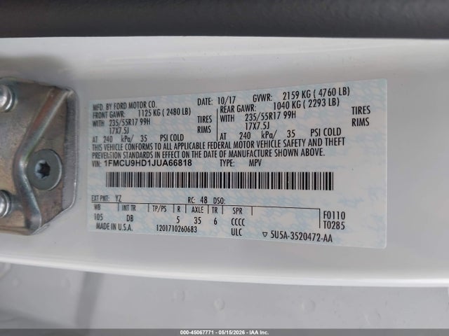 1FMCU9HD1JUA66818 Ford ESCAPE SEL