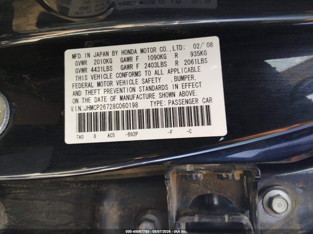 Aukcja sprzedaży 2008 Honda Accord 2.4 Ex, vin: JHMCP26728C060198, numer aukcji: 45067785